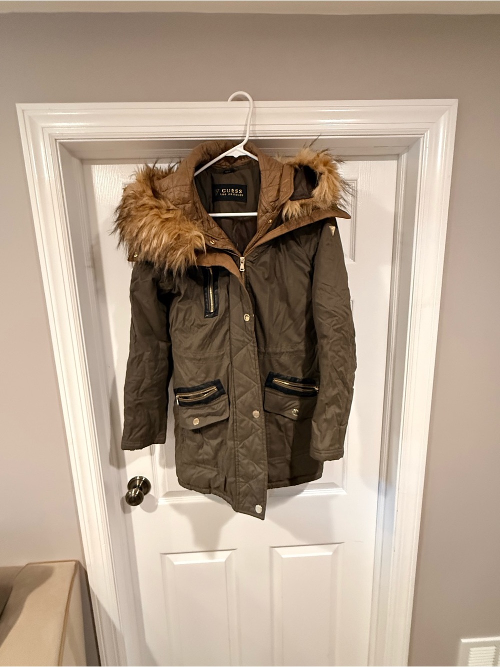 GUESS Olive Green Quilted Parka with Faux Fur Hood Trim